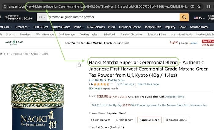 an canonical url on amazon comes from the first 5 words in the product title