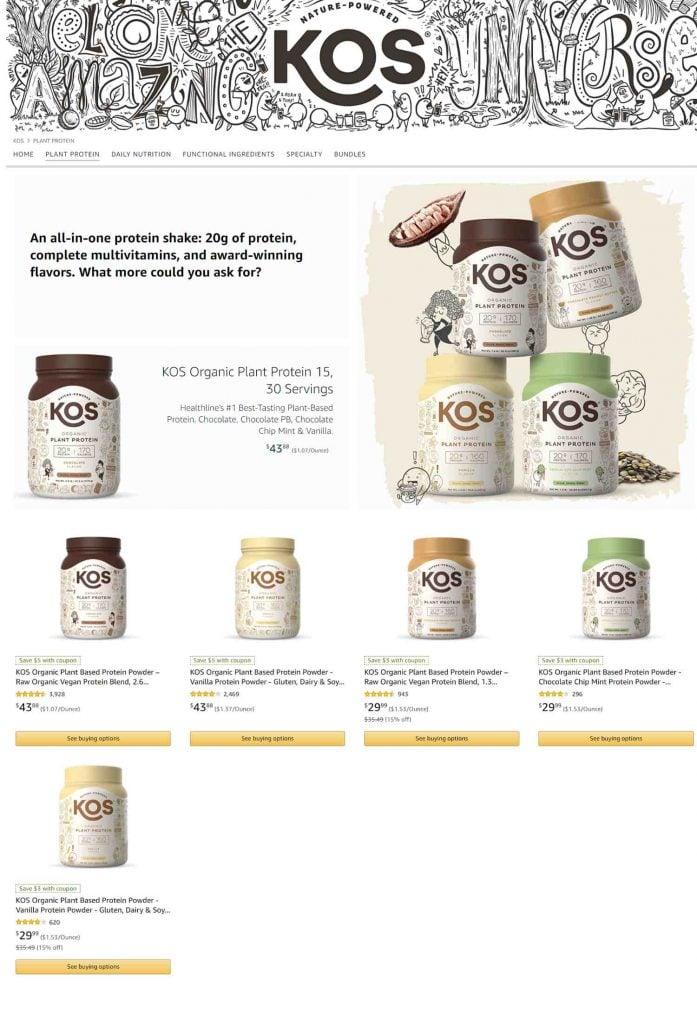 Amazon Storefront Example of Kos's Plant Protein Product Page
