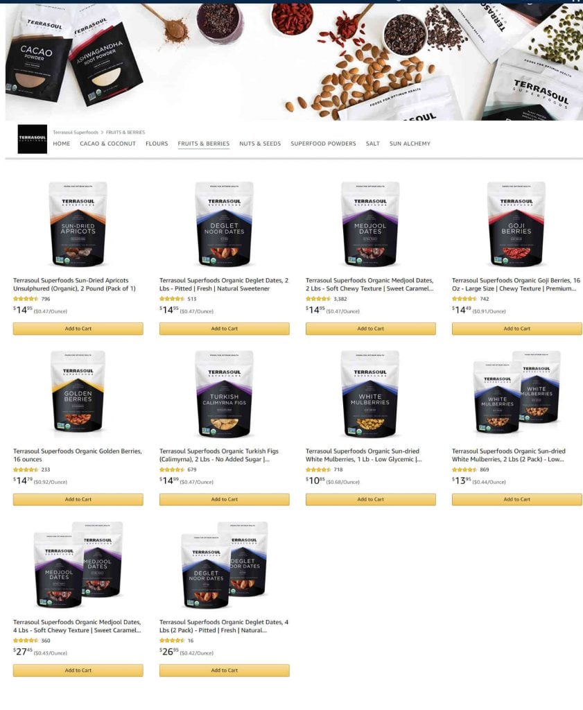 Amazon Storefront Example of TerraSoul's Fruits & Berries Product Page