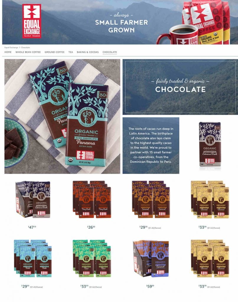 Amazon Storefront Example of Equal Exchange's Chocolate Product Page