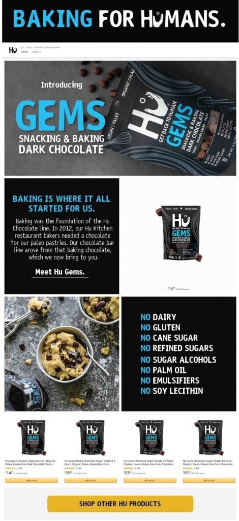 Amazon Storefront Example of Hu's snacking and backing Product Page