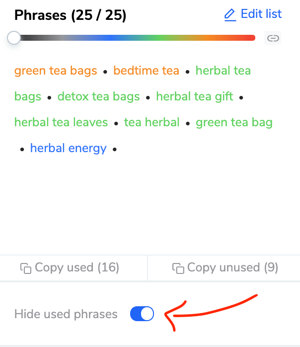 Hide used keyword phrases on Helium 10's Scribbles