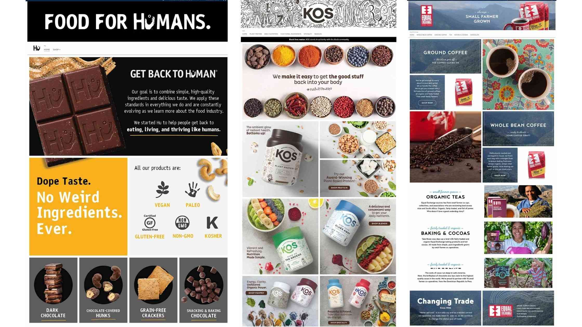 Full width screen capture of 3 Example Amazon Storefronts. Showing Food for Humans, KOS and Equal Exchange.
