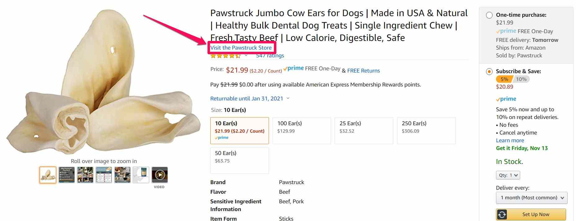 Image of a Pawstruck Jumbo Cow Ear listing on Amazon with a link underneath the title saying "Visit the Pawstruck Store"