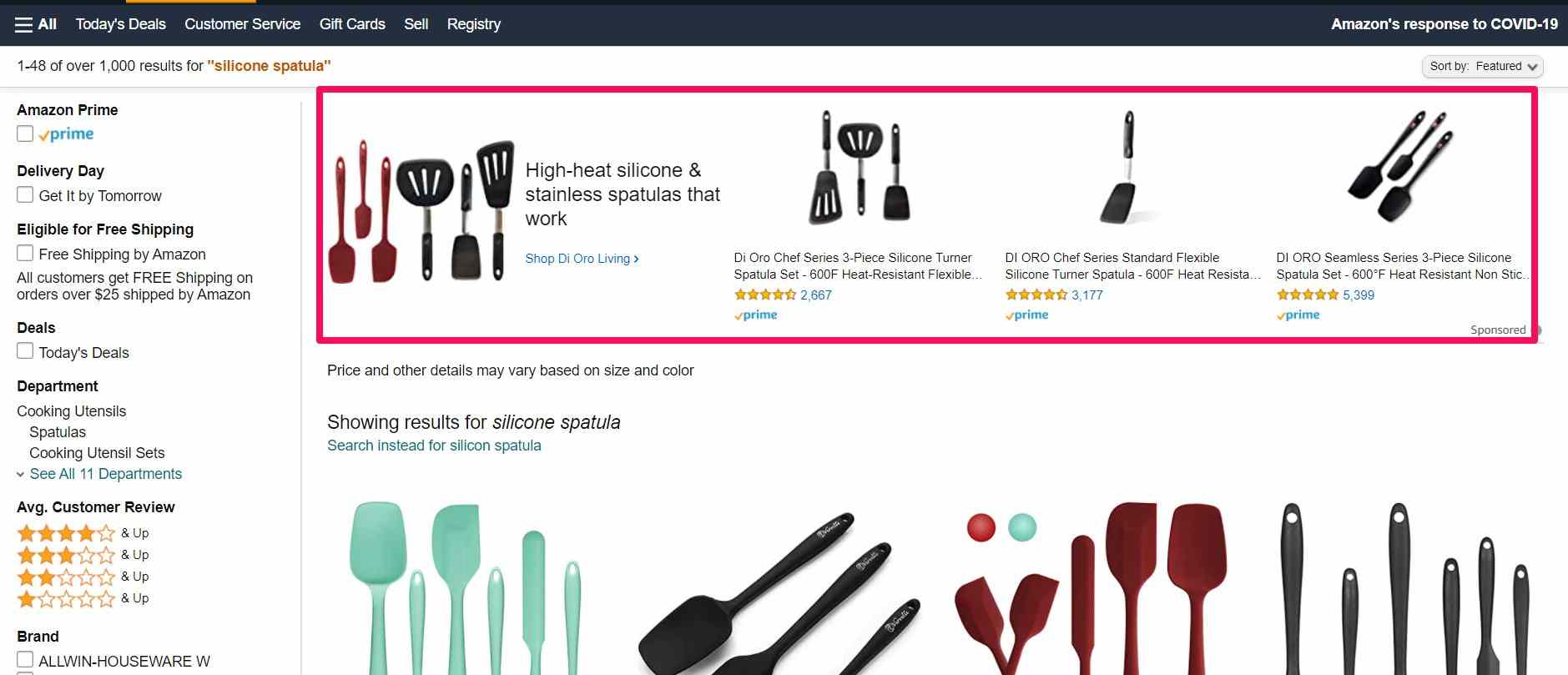 Image of a search for "Silicone Spatula" highlighting the Amazon Headline Ad right above search