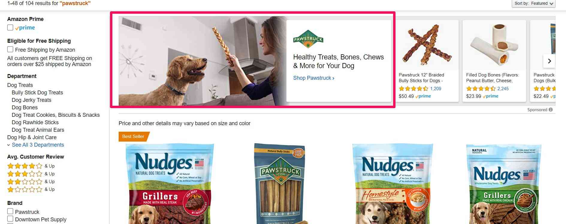 Amazon search result for "Pawstruck" with the headline search ad highlighted. It shows a link to go to Pawstruck's Amazon Storefront