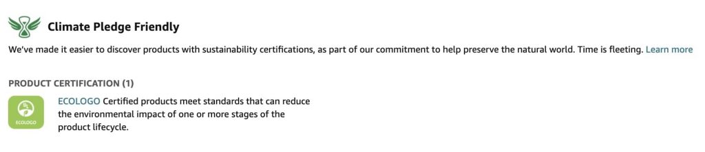Amazon Climate pledge friendly certification with ECOLOGO