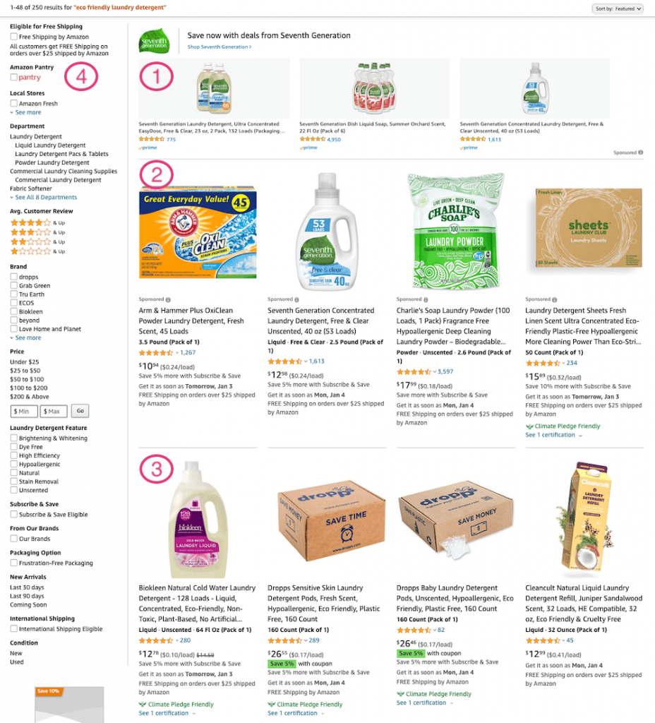 Amazon SERP on Desktop with Sections