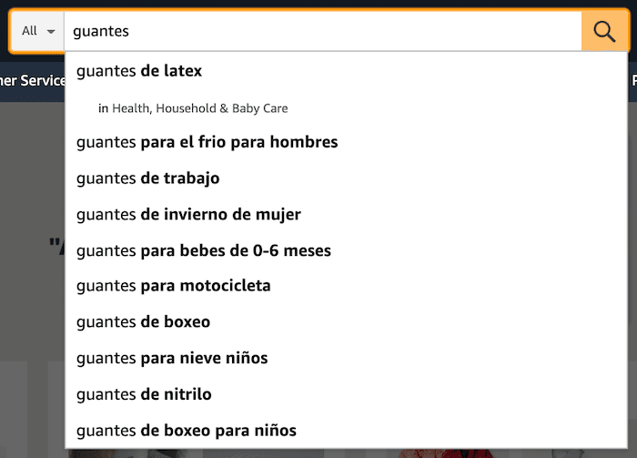 Amazon autosuggest for guantes in Spanish