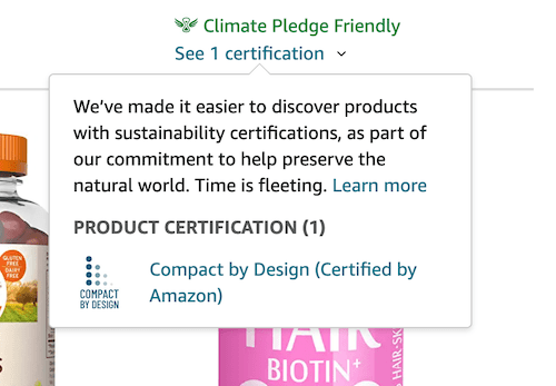 Climate Pledge Friendly Certification Hover Over