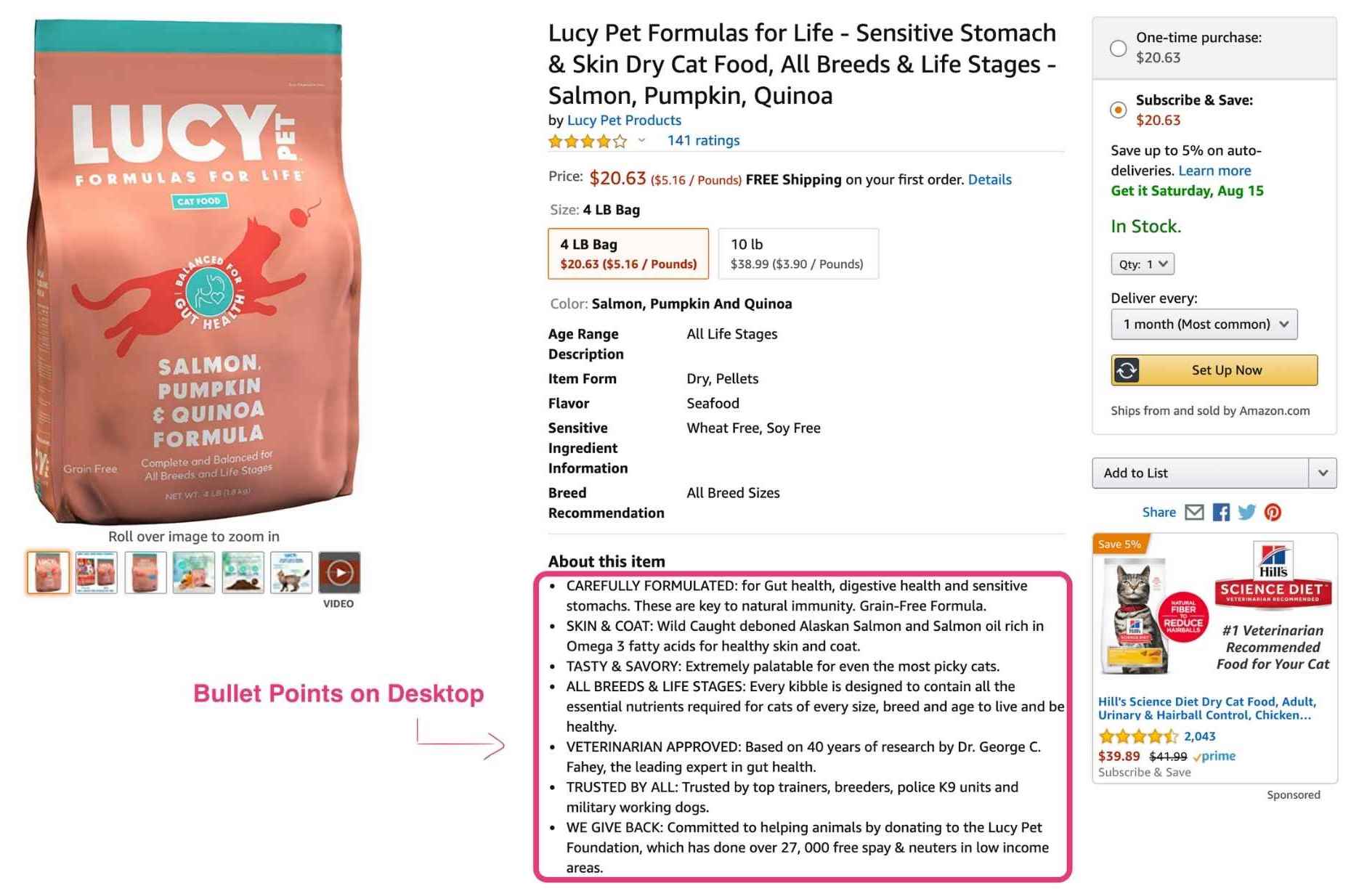 Amazon bullet points on desktop