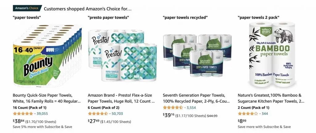 Amazon's Choice for different keyword phrases for paper towels