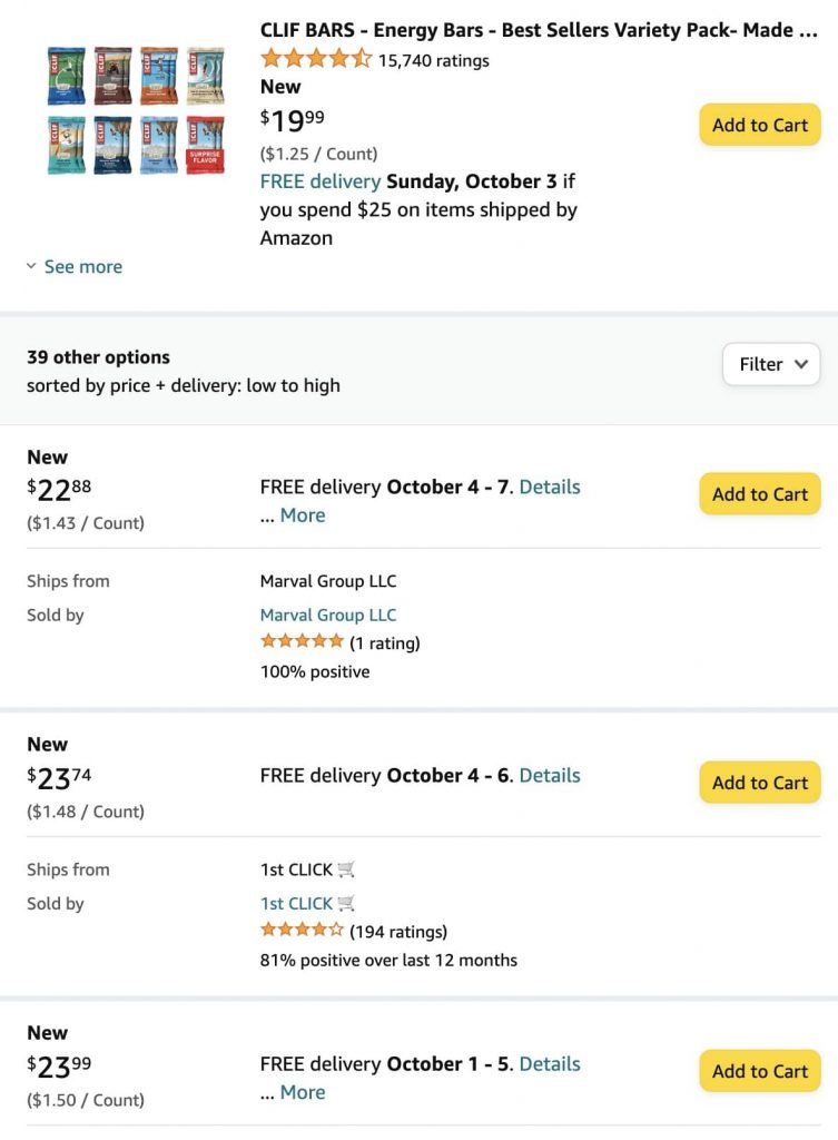 List of other sellers offering the same product