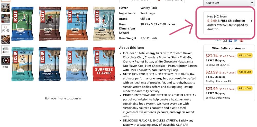 Other sellers of the Clif Bar on Amazon