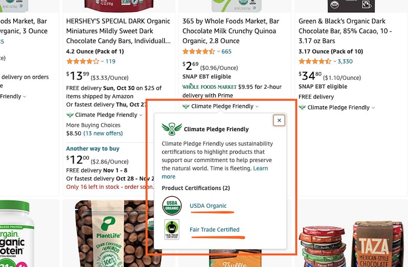 Climate pledge friendly badge as it appears on the search results page