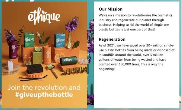 Ethique shares their mission in the amazon brand story