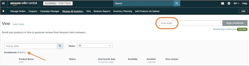 enter your asin and hit begin enrollment