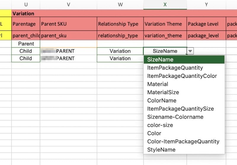 fill in the parent child variation information sizename