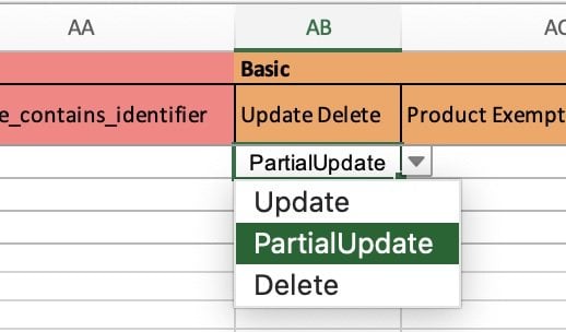 select the update type for the parent child variation