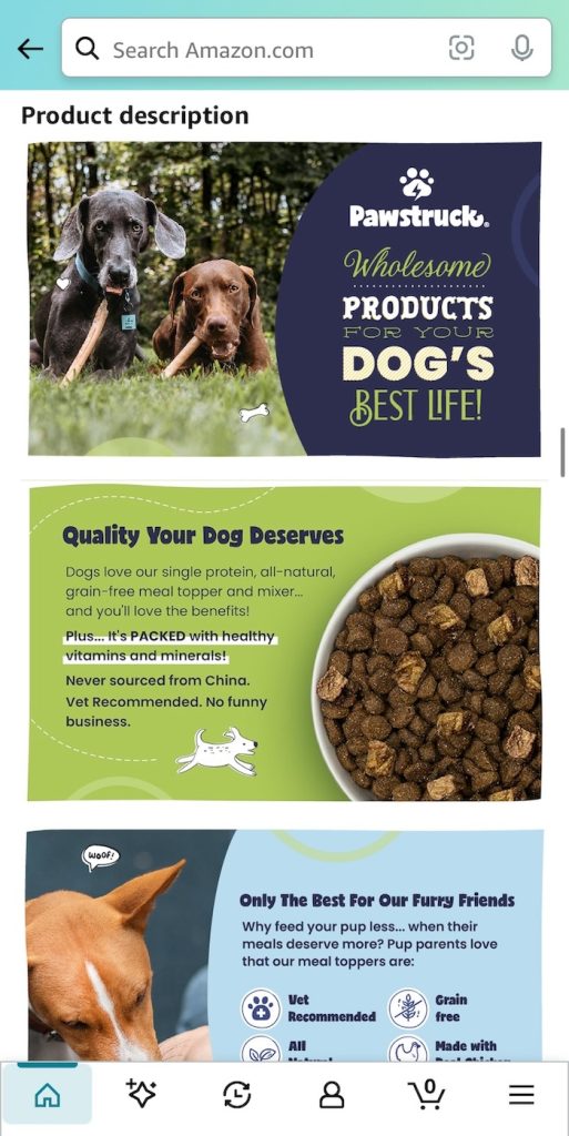 pawstruck basic A+ content on Amazon mobile app