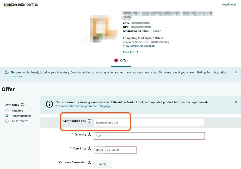 Enter FBM or FBA at the end of your contribution SKU