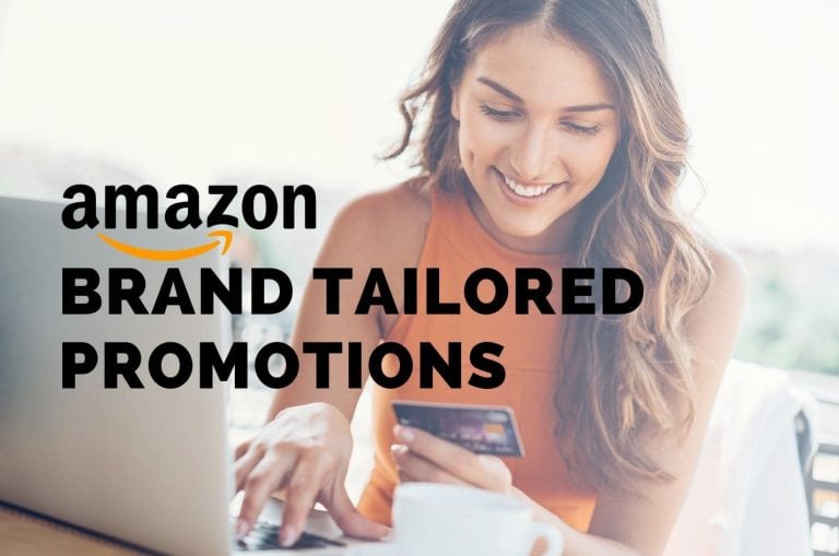 Amazon Brand Tailored Promotions text overlaying a women happily paying for something online.